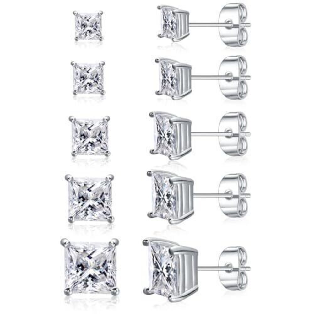 1232 5 Pairs Princess Cut Cubic Zirconia Stud Earrings / - 18K Gold Plated